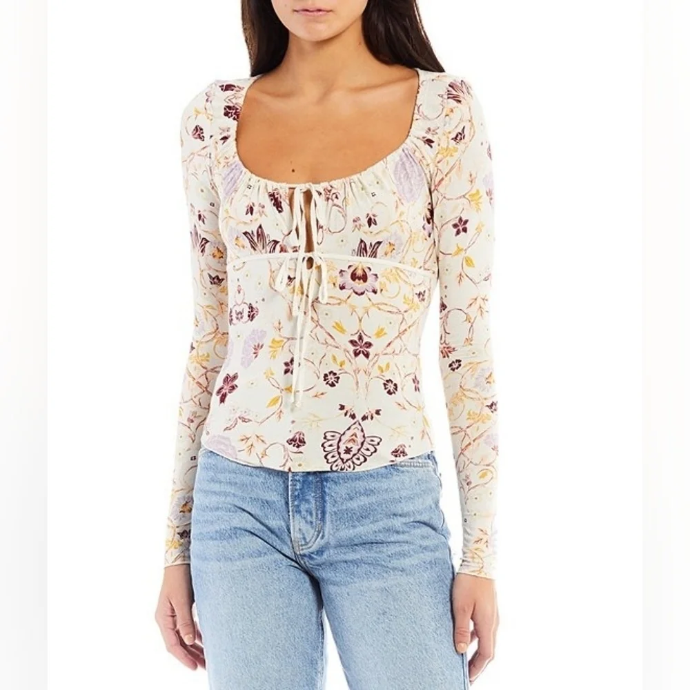 Free People Floral Fitted Scoop Keyhole Tie Neck Long Sleeve Top